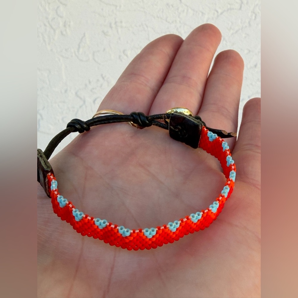 Woven beaded and leather bracelet